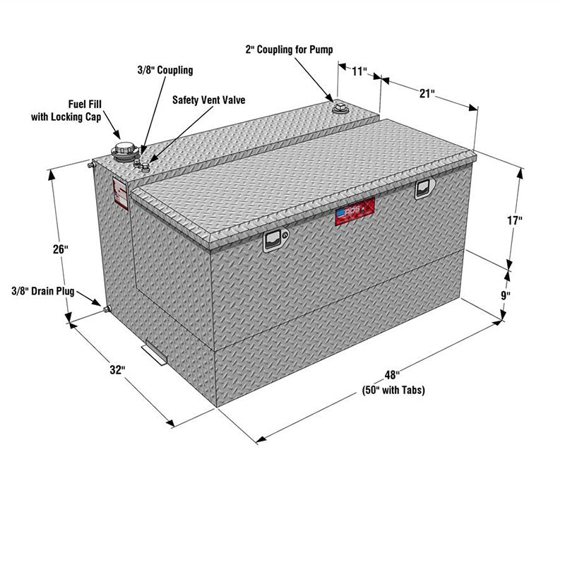 rds 72367pc l-shaped transfer tank dimension view